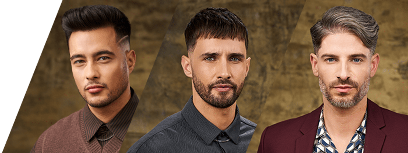 models displaying textured medium fade, drop fade crop and taper haircuts