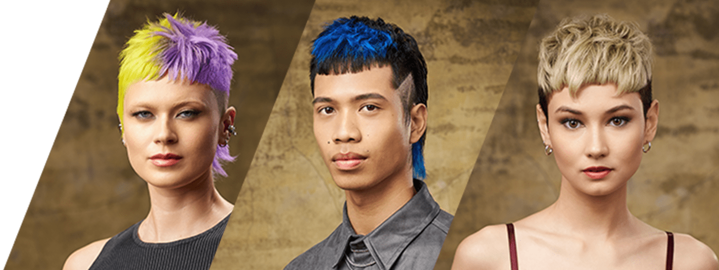 models displaying asymmetrical textured crop, textured mullet and modern pixie haircuts