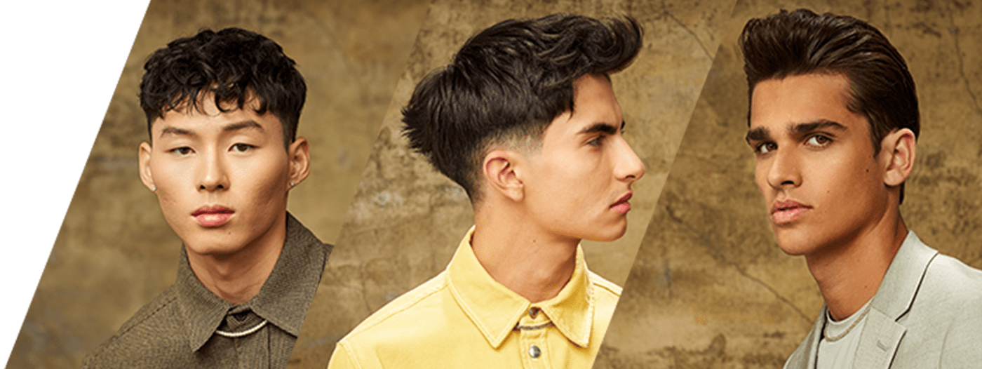 models displaying soft edge undercut, textured fade and long quiff haircuts