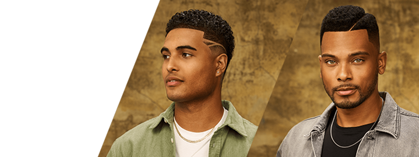 models displaying asymmetrical burst fade and side burst fade haircuts